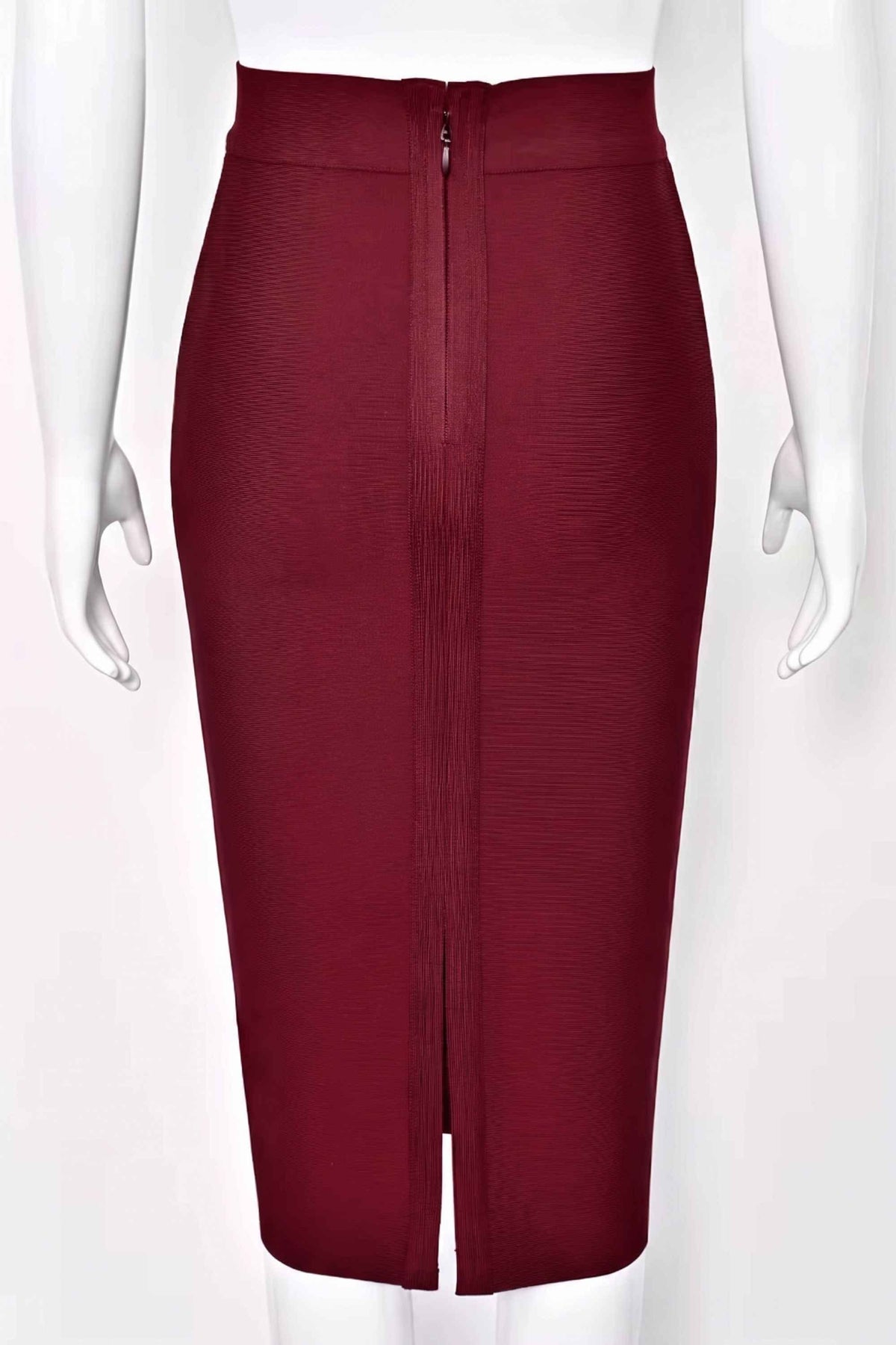 Woman wearing a figure flattering  Pencil High Waist Bandage Midi Skirt - Red Wine BODYCON COLLECTION