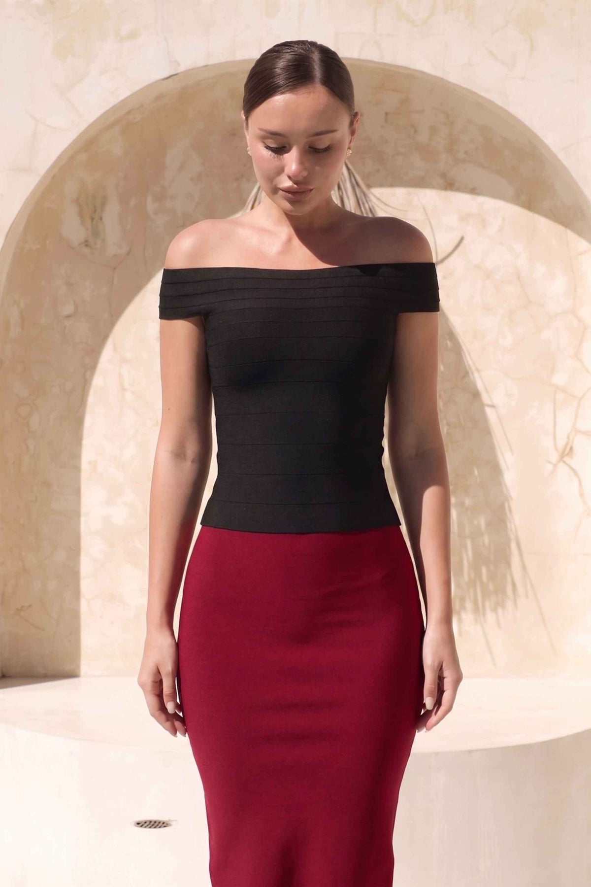 Woman wearing a figure flattering  Pencil High Waist Bandage Midi Skirt - Red Wine BODYCON COLLECTION