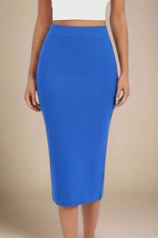 Woman wearing a figure flattering  Pencil High Waist Bandage Midi Skirt - Royal Blue BODYCON COLLECTION