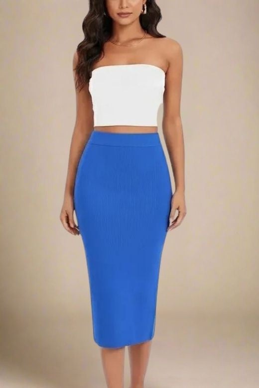Woman wearing a figure flattering  Pencil High Waist Bandage Midi Skirt - Royal Blue BODYCON COLLECTION