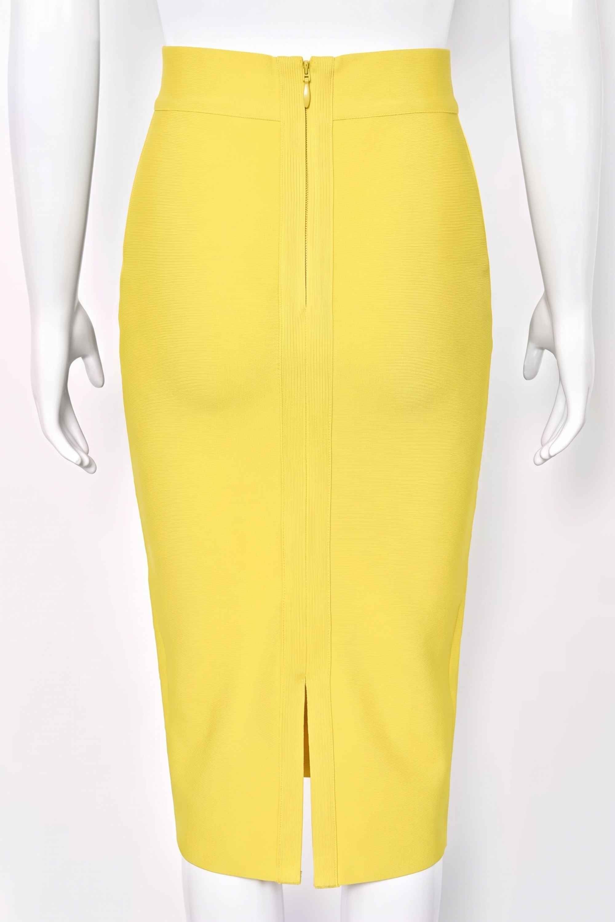 Woman wearing a figure flattering  Pencil High Waist Bandage Midi Skirt - Sun Yellow BODYCON COLLECTION