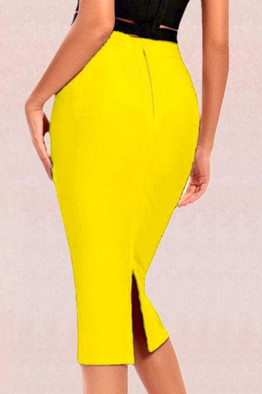 Woman wearing a figure flattering  Pencil High Waist Bandage Midi Skirt - Sun Yellow BODYCON COLLECTION