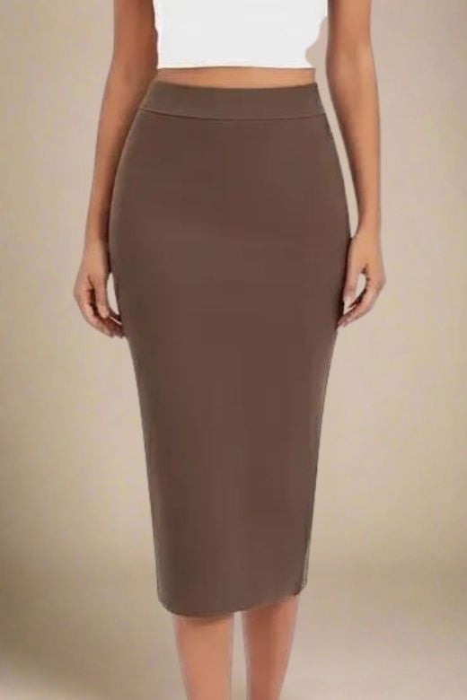 Woman wearing a figure flattering  Pencil High Waist Bandage Midi Skirt - Tan Brown BODYCON COLLECTION