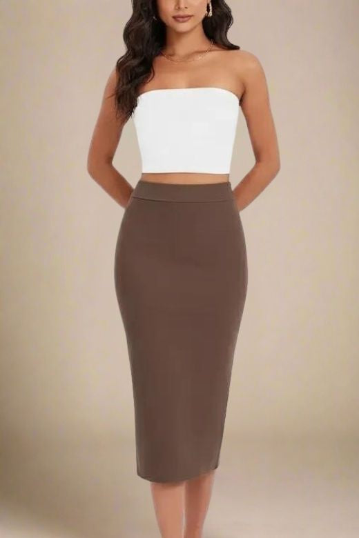 Woman wearing a figure flattering  Pencil High Waist Bandage Midi Skirt - Tan Brown BODYCON COLLECTION