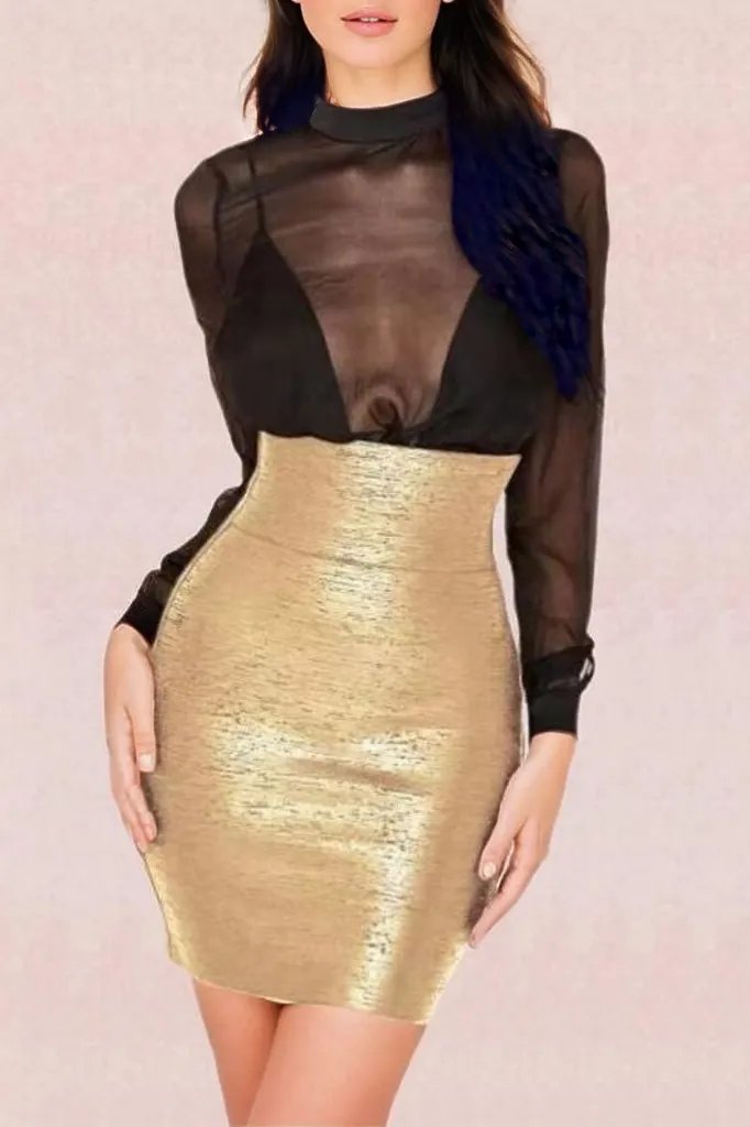 Woman wearing a figure flattering  Pencil High Waist Bandage Mini Skirt - Gold BODYCON COLLECTION