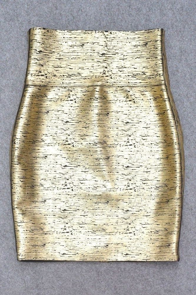 Woman wearing a figure flattering  Pencil High Waist Bandage Mini Skirt - Gold Metallic BODYCON COLLECTION