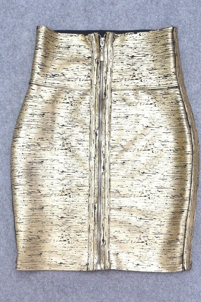 Woman wearing a figure flattering  Pencil High Waist Bandage Mini Skirt - Gold Metallic BODYCON COLLECTION