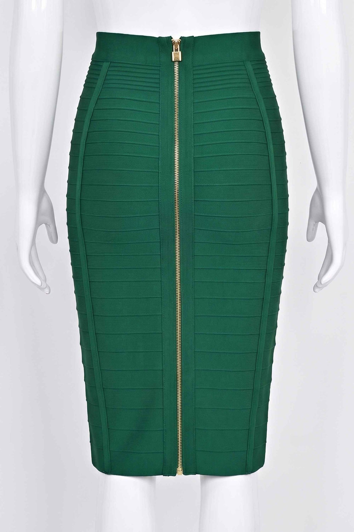 Woman wearing a figure flattering  Pencil High Waist Knitted Knee Length Skirt - Emerald Green BODYCON COLLECTION