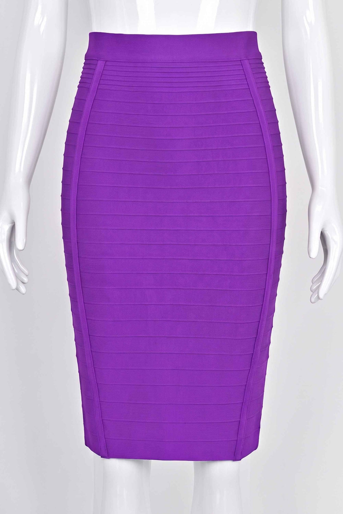 Woman wearing a figure flattering  Pencil High Waist Knitted Knee Length Skirt - Plum Purple BODYCON COLLECTION