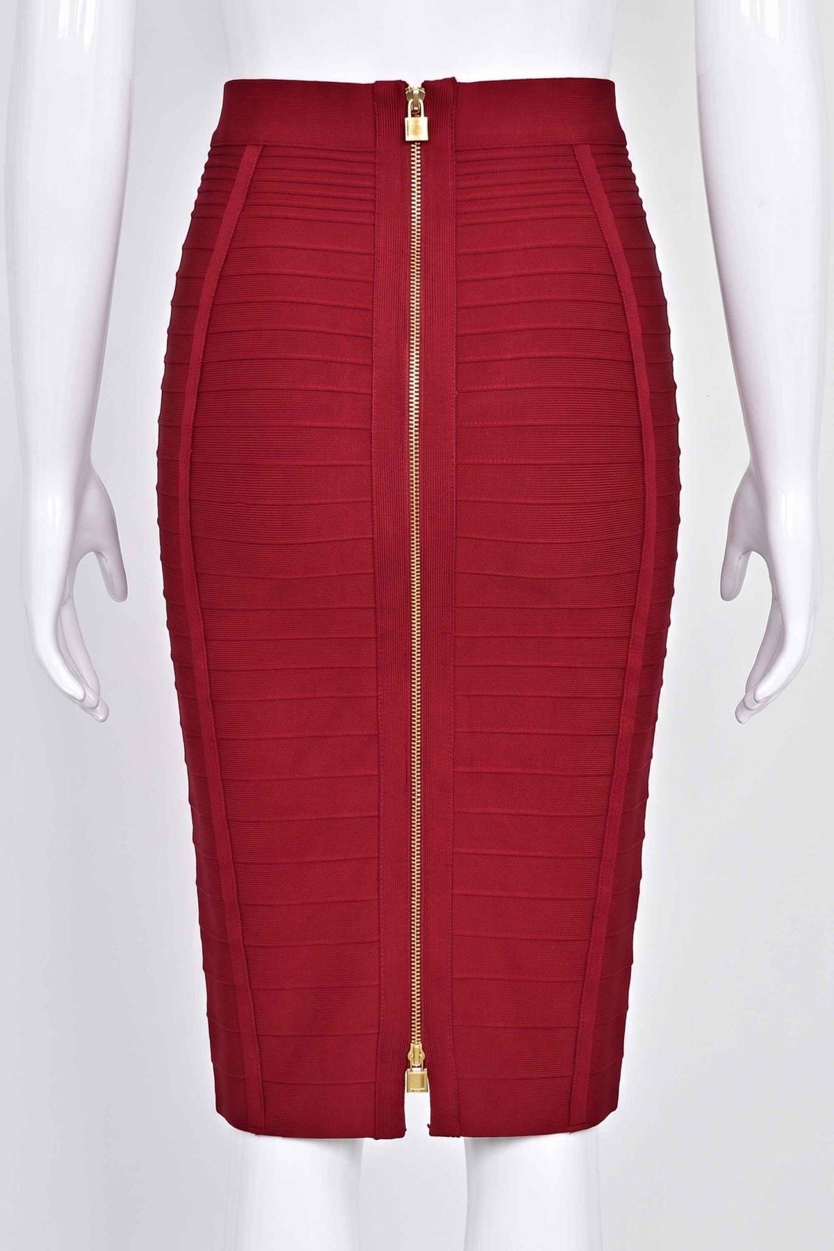 Woman wearing a figure flattering  Pencil High Waist Knitted Knee Length Skirt - Red Wine BODYCON COLLECTION