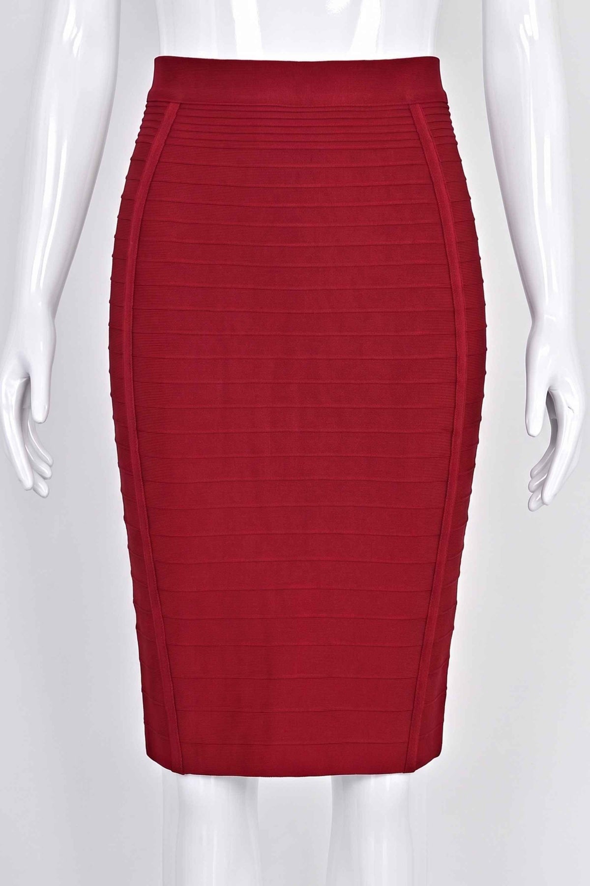 Woman wearing a figure flattering  Pencil High Waist Knitted Knee Length Skirt - Red Wine BODYCON COLLECTION