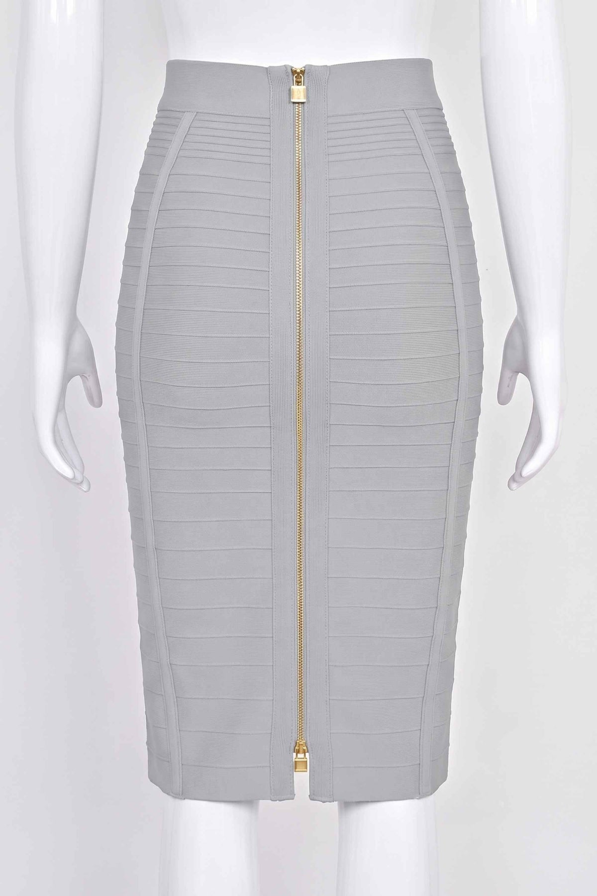 Woman wearing a figure flattering  Pencil High Waist Knitted Knee Length Skirt - Steel Gray BODYCON COLLECTION