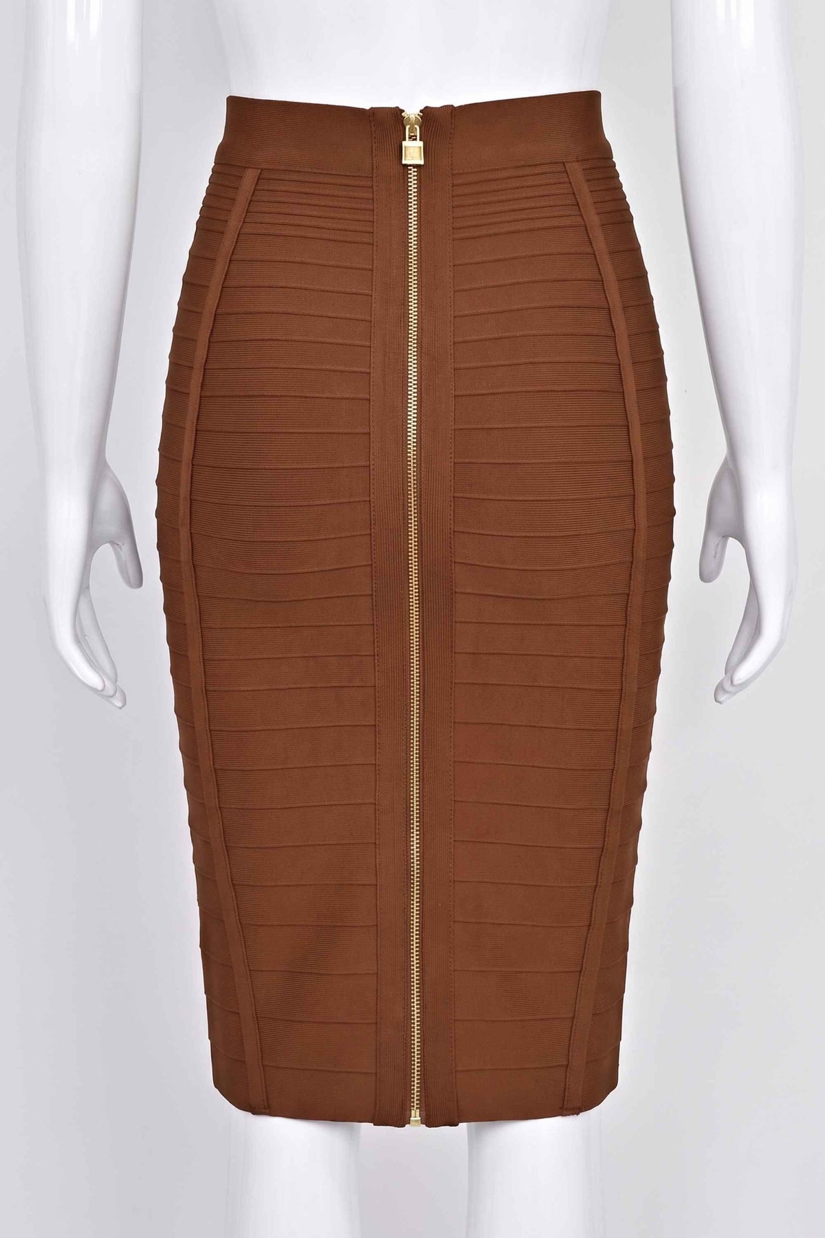 Woman wearing a figure flattering  Pencil High Waist Knitted Knee Length Skirt - Tan Brown BODYCON COLLECTION