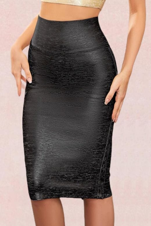 Woman wearing a figure flattering  Pencil High Waist Leather Metallic Midi Skirt - Classic Black BODYCON COLLECTION