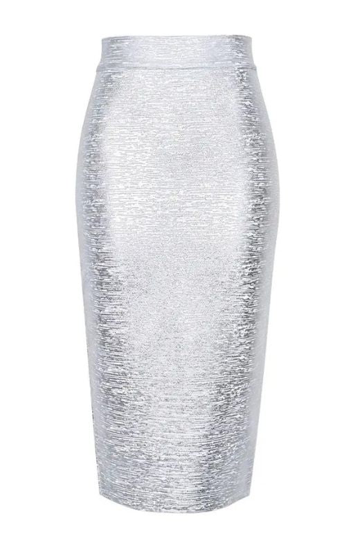 Woman wearing a figure flattering  Pencil High Waist Leather Metallic Midi Skirt - Silver BODYCON COLLECTION