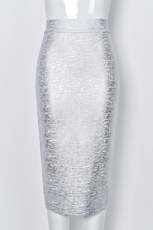 Woman wearing a figure flattering  Pencil High Waist Leather Metallic Midi Skirt - Silver BODYCON COLLECTION