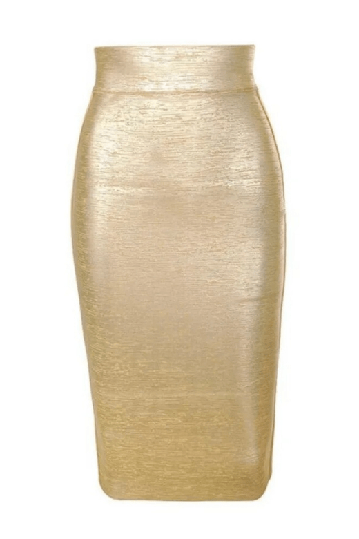 Woman wearing a figure flattering  Pencil High Waist Leather Midi Skirt - Gold BODYCON COLLECTION