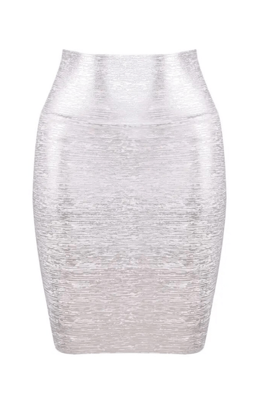Woman wearing a figure flattering  Pencil High Waist Leather Mini Skirt - Silver BODYCON COLLECTION