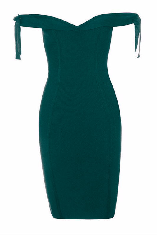 Woman wearing a figure flattering  Penelope Bandage Miini Dress - Emerald Green BODYCON COLLECTION