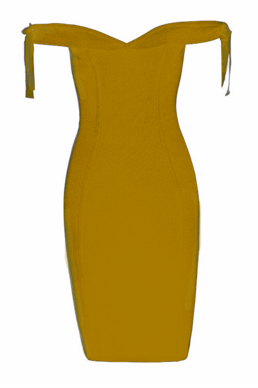 Woman wearing a figure flattering  Penelope Bandage Mini Dress - Mustard Yellow BODYCON COLLECTION