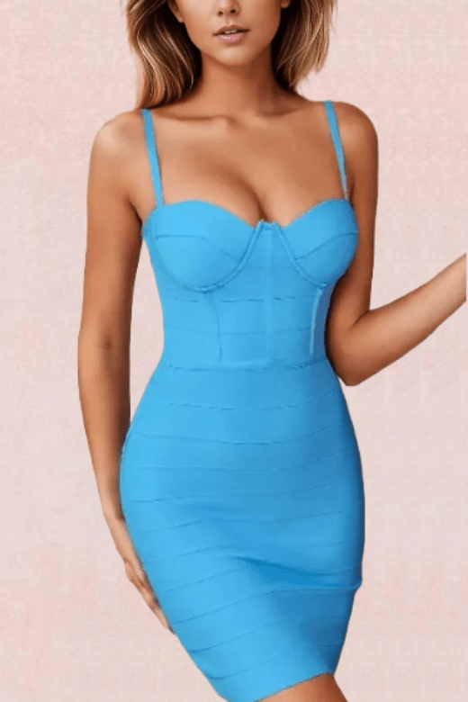 Woman wearing a figure flattering  Penny Bandage Mini Dress - Sky Blue BODYCON COLLECTION