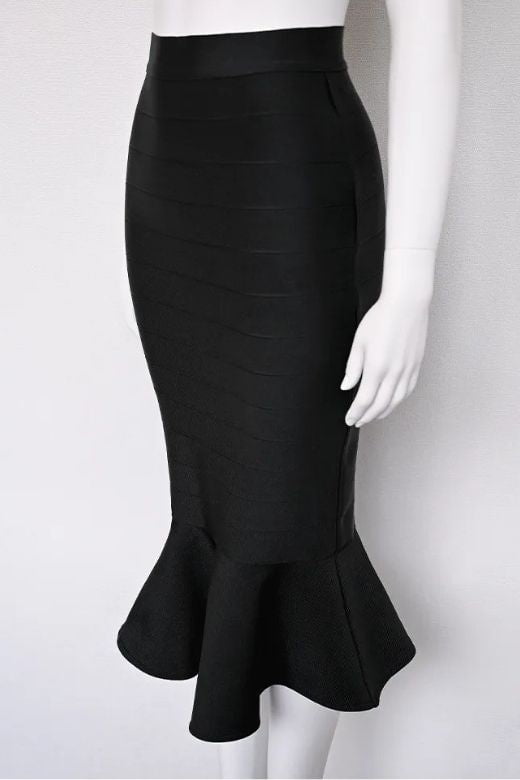 Woman wearing a figure flattering  Peplum High Waist Bandage Midi Skirt - Classic Black BODYCON COLLECTION