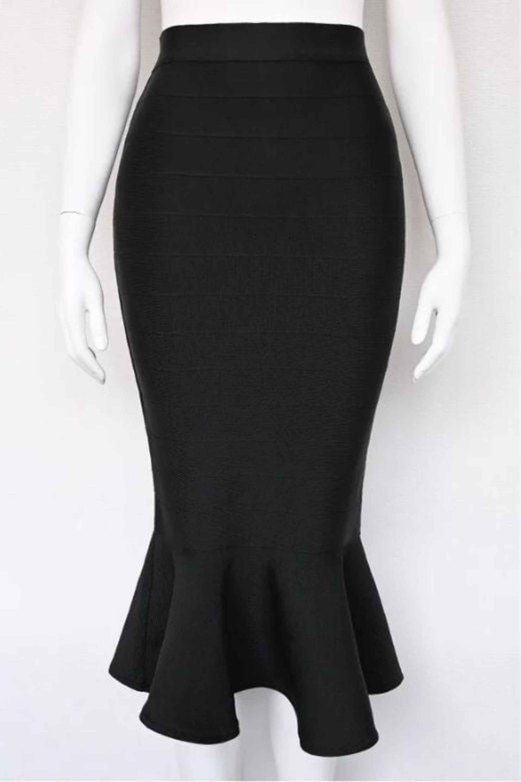 Woman wearing a figure flattering  Peplum High Waist Bandage Midi Skirt - Classic Black BODYCON COLLECTION