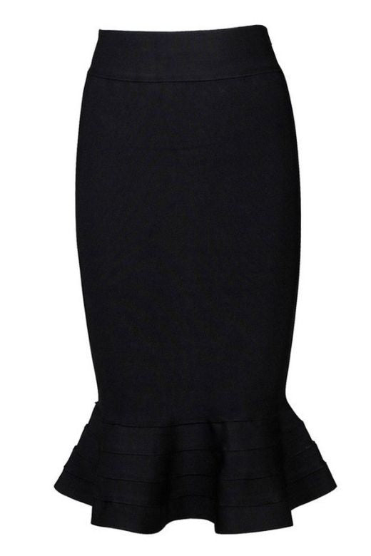 Woman wearing a figure flattering  Peplum High Waist Bandage Midi Skirt - Classic Black BODYCON COLLECTION