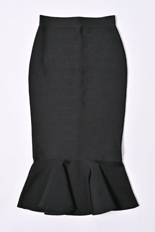 Woman wearing a figure flattering  Peplum High Waist Bandage Midi Skirt - Classic Black BODYCON COLLECTION