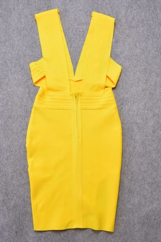 Woman wearing a figure flattering  Pia Bandage Dress - Sun Yellow BODYCON COLLECTION