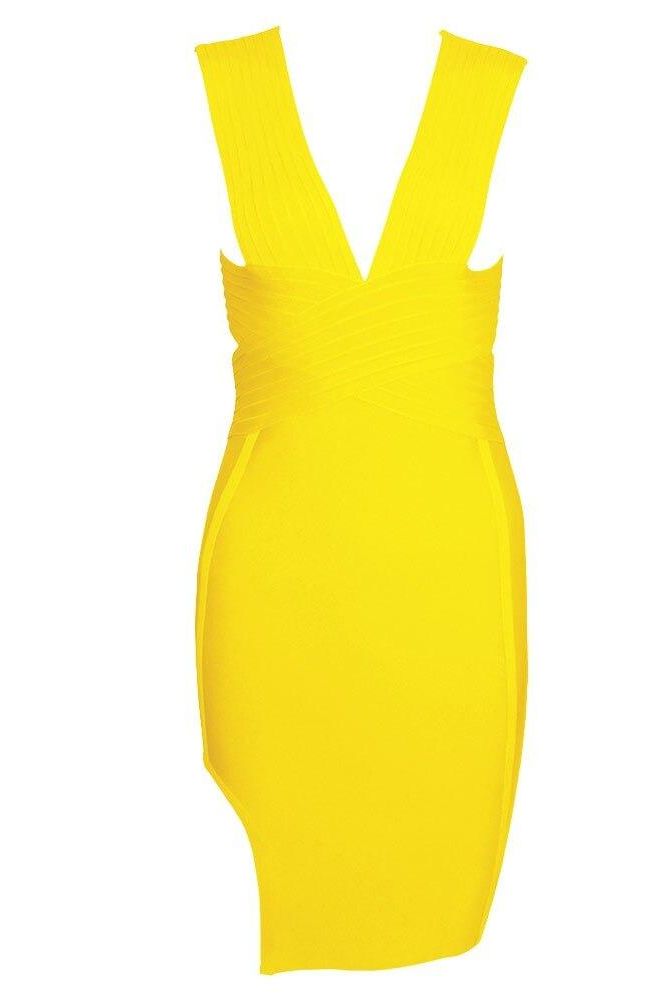 Woman wearing a figure flattering  Pia Bandage Dress - Sun Yellow BODYCON COLLECTION