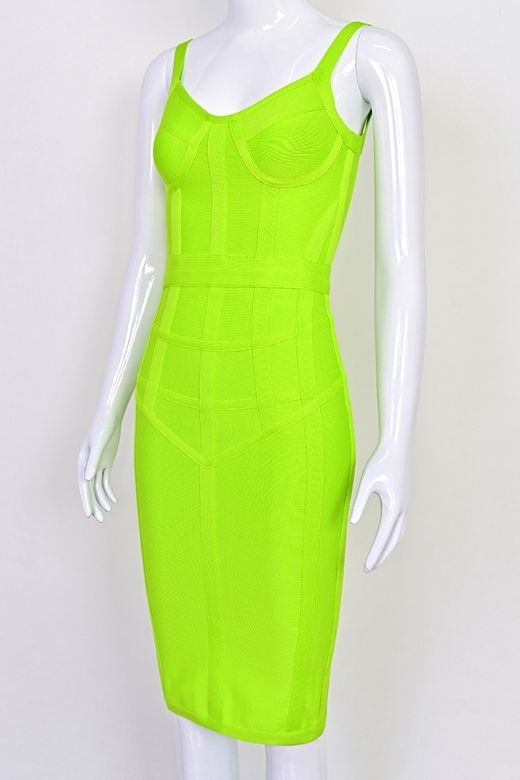 Woman wearing a figure flattering  Pip Bandage Corset Dress - Neon Green Bodycon Collection