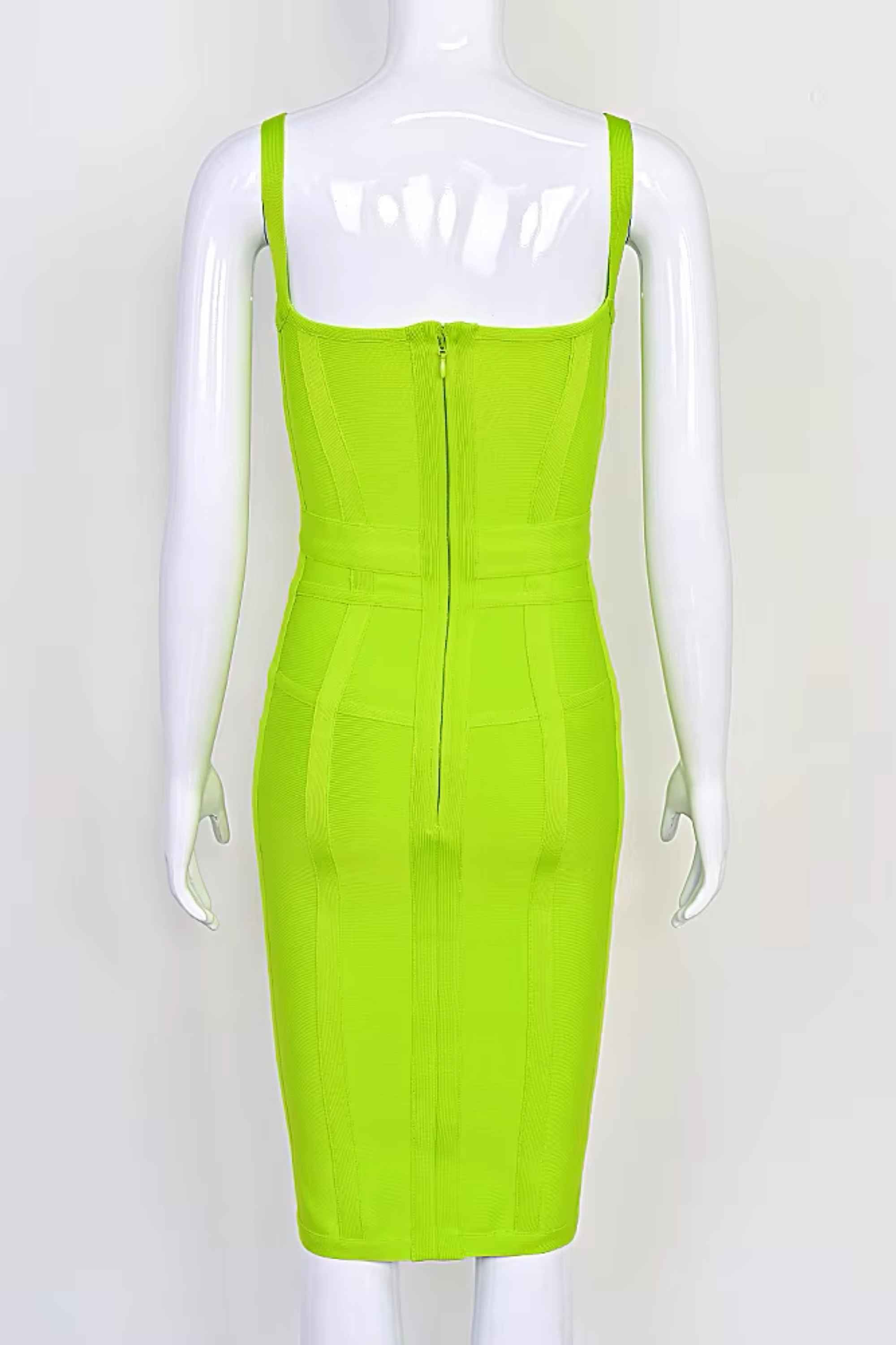 Woman wearing a figure flattering  Pip Bandage Corset Dress - Neon Green Bodycon Collection