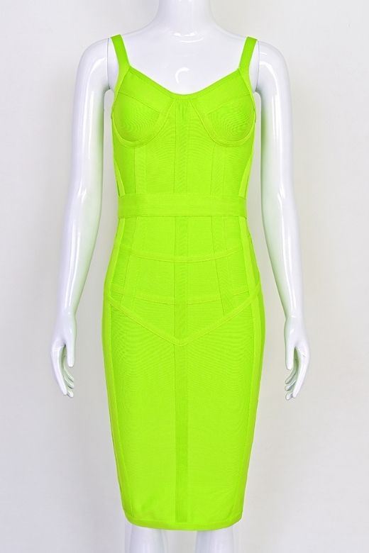 Woman wearing a figure flattering  Pip Bandage Corset Dress - Neon Green Bodycon Collection