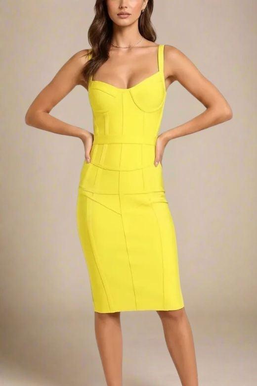 Woman wearing a figure flattering  Pip Bandage Corset Dress - Sun Yellow Bodycon Collection