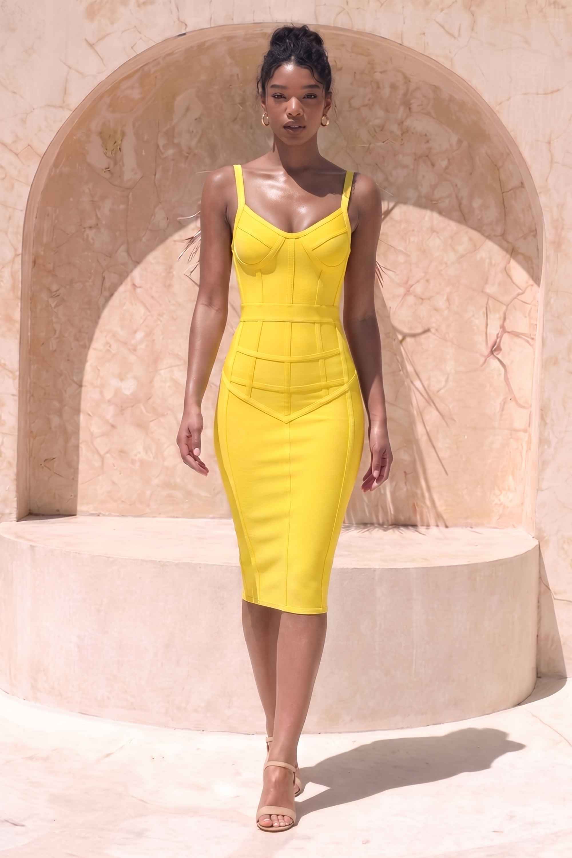 Woman wearing a figure flattering  Pip Bandage Corset Dress - Sun Yellow Bodycon Collection