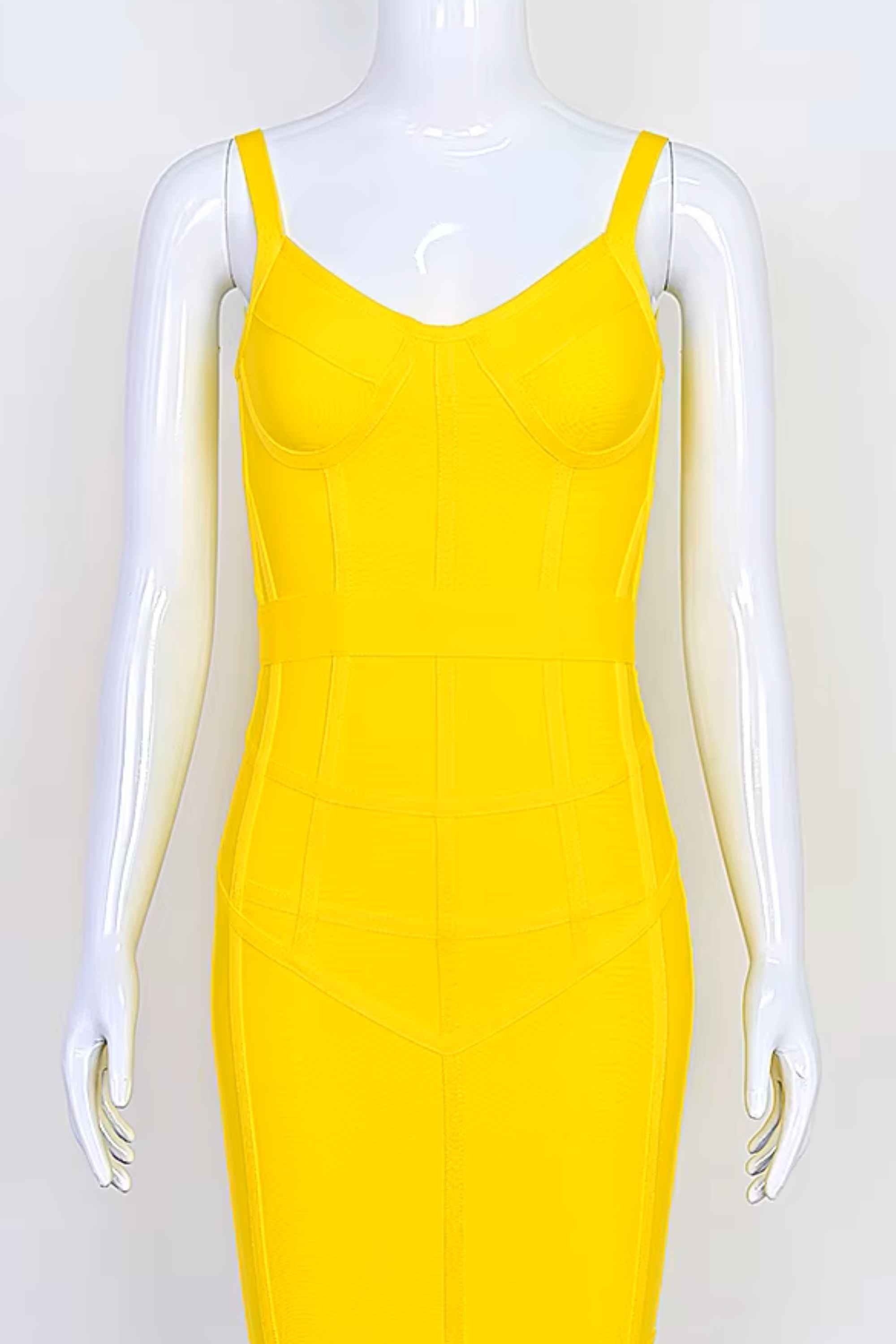 Woman wearing a figure flattering  Pip Bandage Corset Dress - Sun Yellow Bodycon Collection