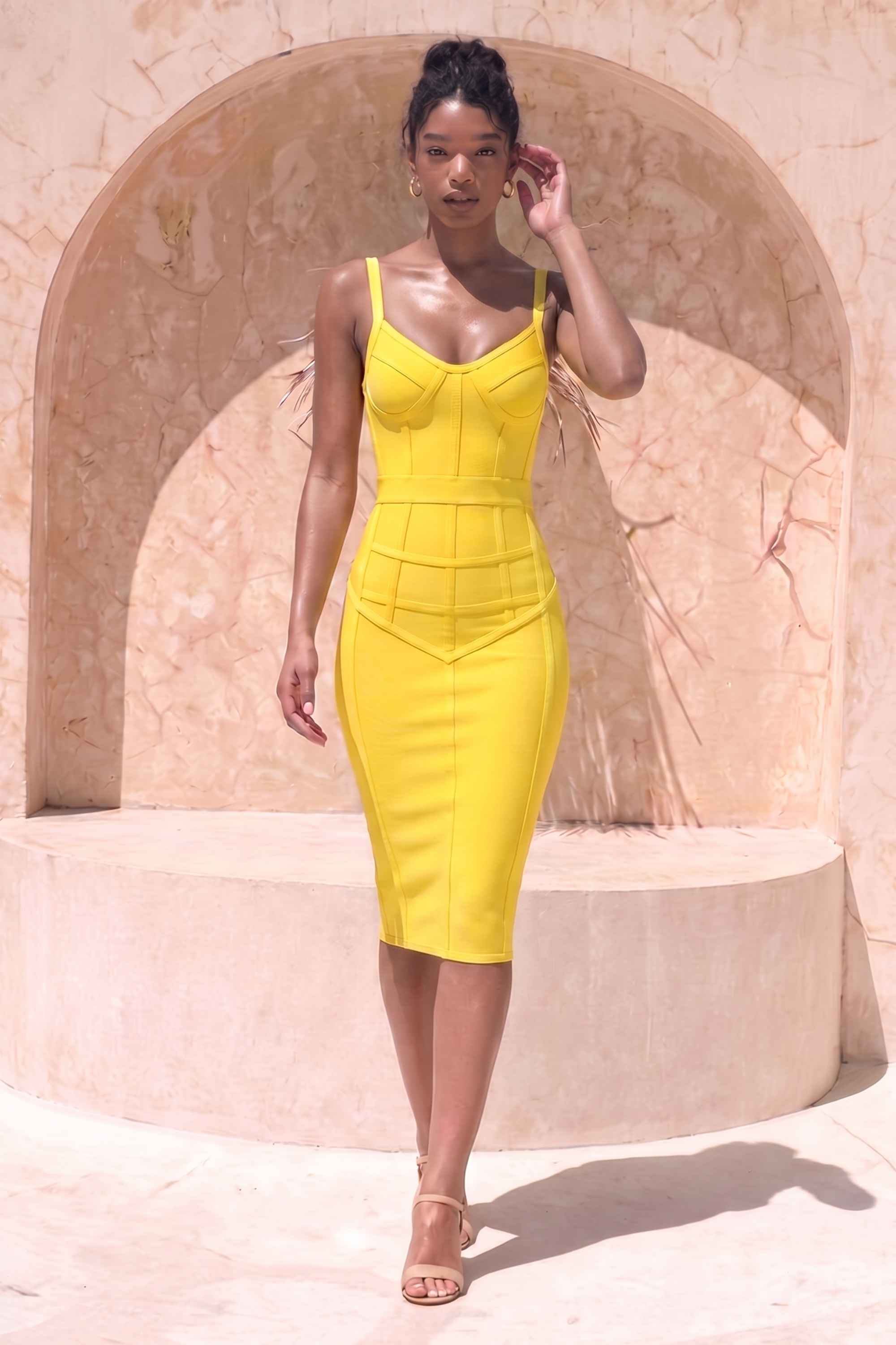 Woman wearing a figure flattering  Pip Bandage Corset Dress - Sun Yellow Bodycon Collection