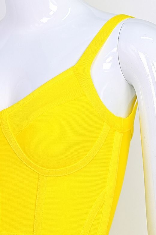 Woman wearing a figure flattering  Pip Bandage Mini Dress - Sun Yellow BODYCON COLLECTION