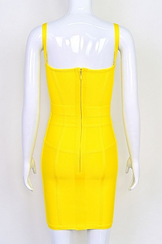 Woman wearing a figure flattering  Pip Bandage Mini Dress - Sun Yellow BODYCON COLLECTION
