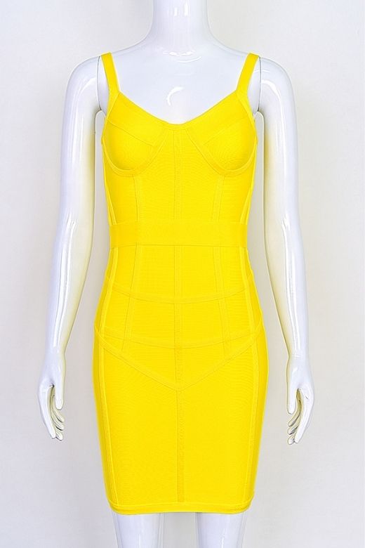 Woman wearing a figure flattering  Pip Bandage Mini Dress - Sun Yellow BODYCON COLLECTION