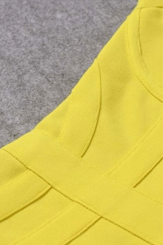 Woman wearing a figure flattering  Pip Bandage Mini Dress - Sun Yellow BODYCON COLLECTION