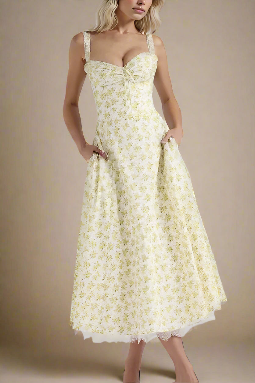 Woman wearing a figure flattering  Pixie Bodycon Midi Dress - Daffodil Yellow BODYCON COLLECTION Pty Ltd