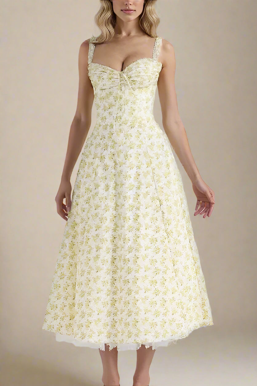 Woman wearing a figure flattering  Pixie Bodycon Midi Dress - Daffodil Yellow BODYCON COLLECTION Pty Ltd