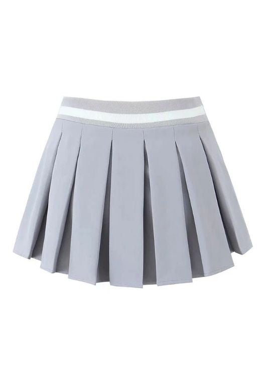 Woman wearing a figure flattering  Pleated Sports Mini Skirt - Cloud Grey BODYCON COLLECTION Pty Ltd