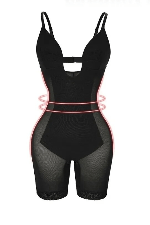 Woman wearing a figure flattering  Plunging Front Low Back One Piece Shapewear - Mid Thigh BODYCON COLLECTION