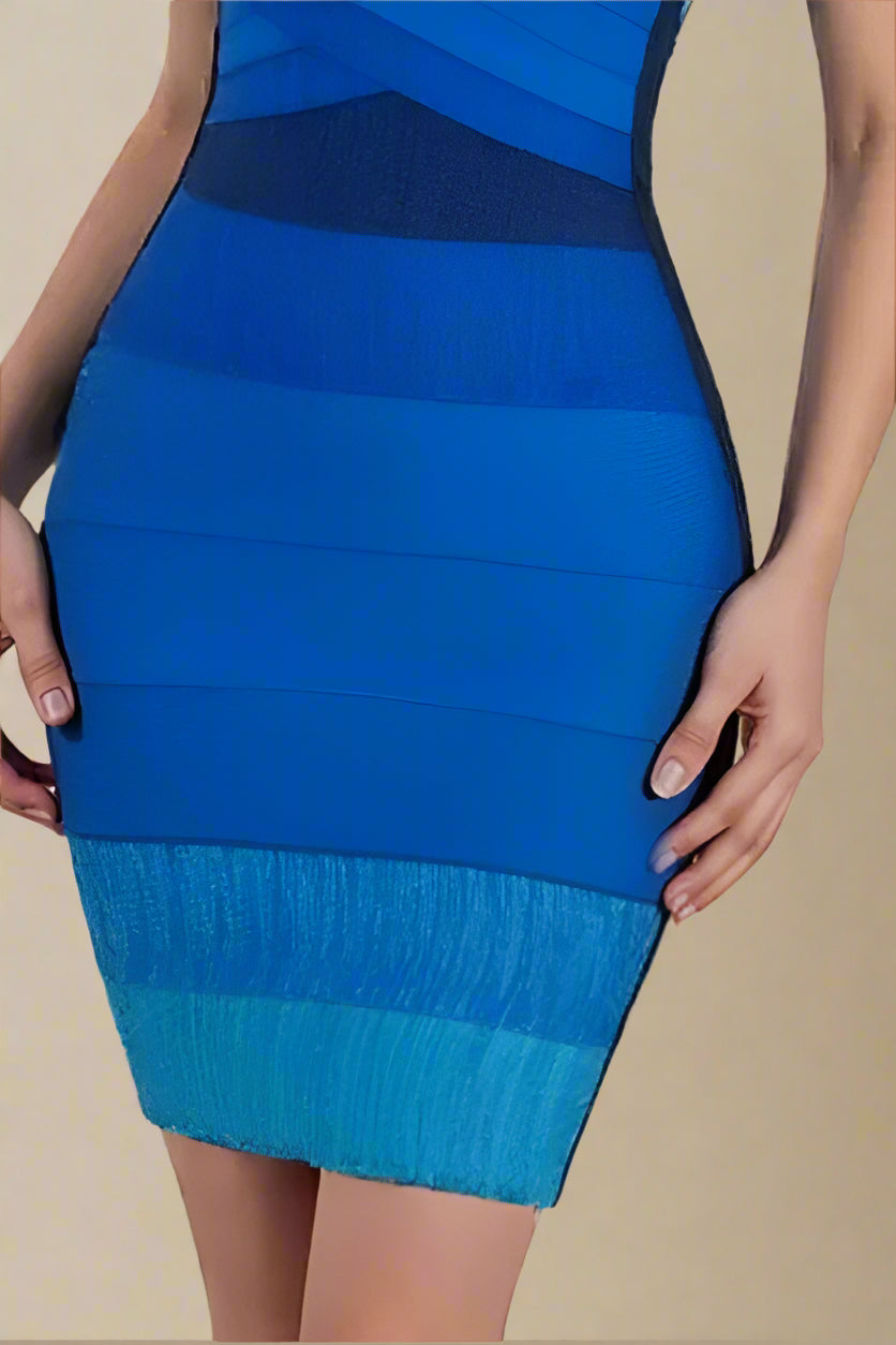Woman wearing a figure flattering  Portia Bandage Mini Dress - Royal Blue BODYCON COLLECTION Pty Ltd