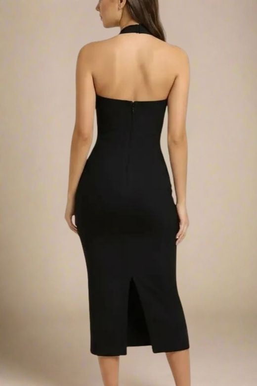 Woman wearing a figure flattering  Raya Bodycon Midi Dress - Classic Black BODYCON COLLECTION Pty Ltd