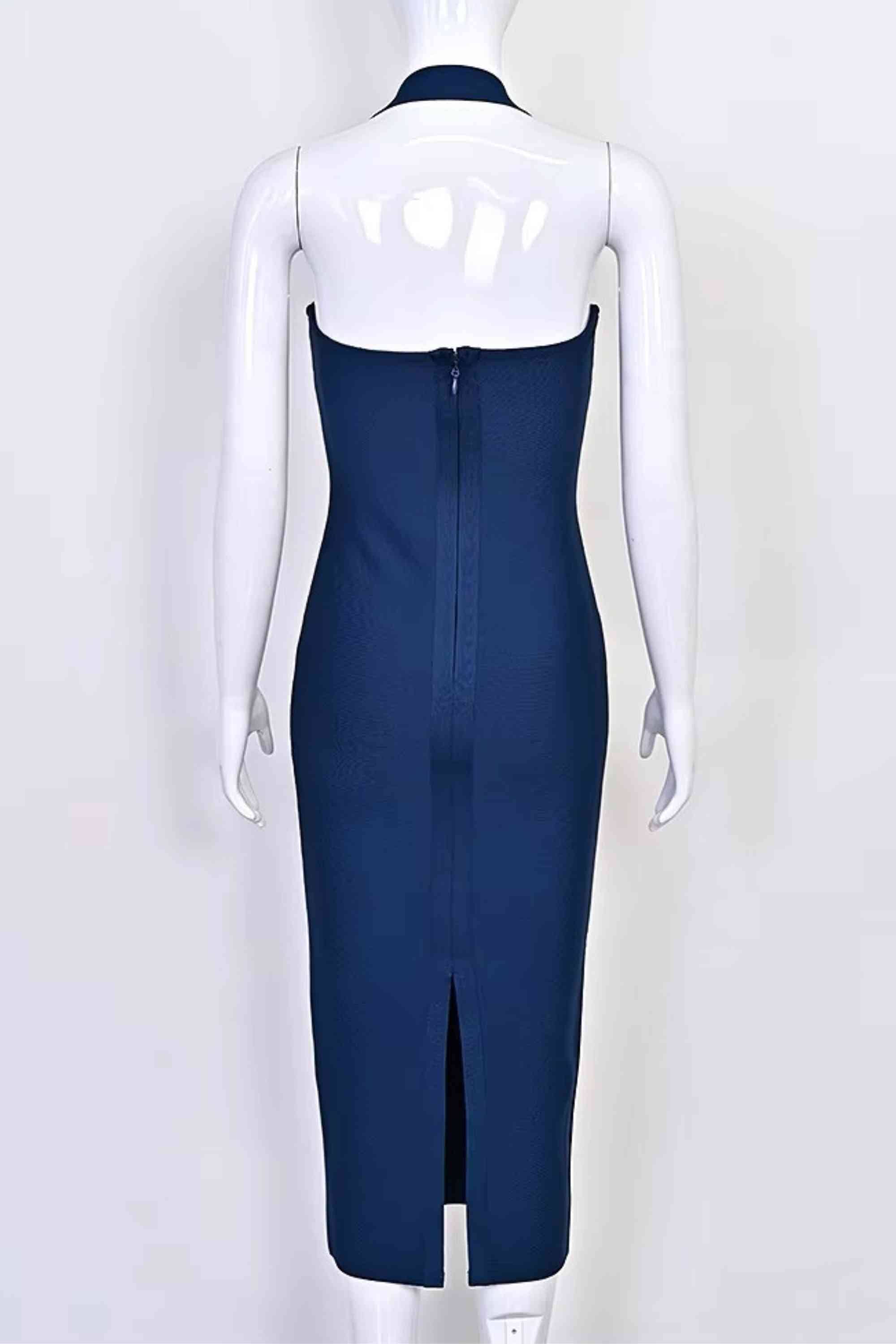 Woman wearing a figure flattering  Raya Bodycon Midi Dress - Navy Blue BODYCON COLLECTION Pty Ltd