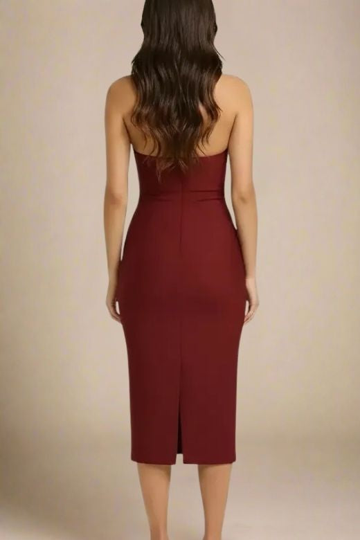 Woman wearing a figure flattering  Raya Bodycon Midi Dress - Red Wine BODYCON COLLECTION Pty Ltd